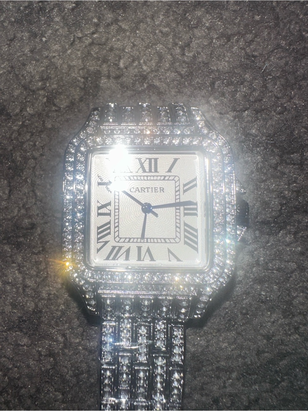 Cartier Silver Crystal-Studded Mens Square Watch